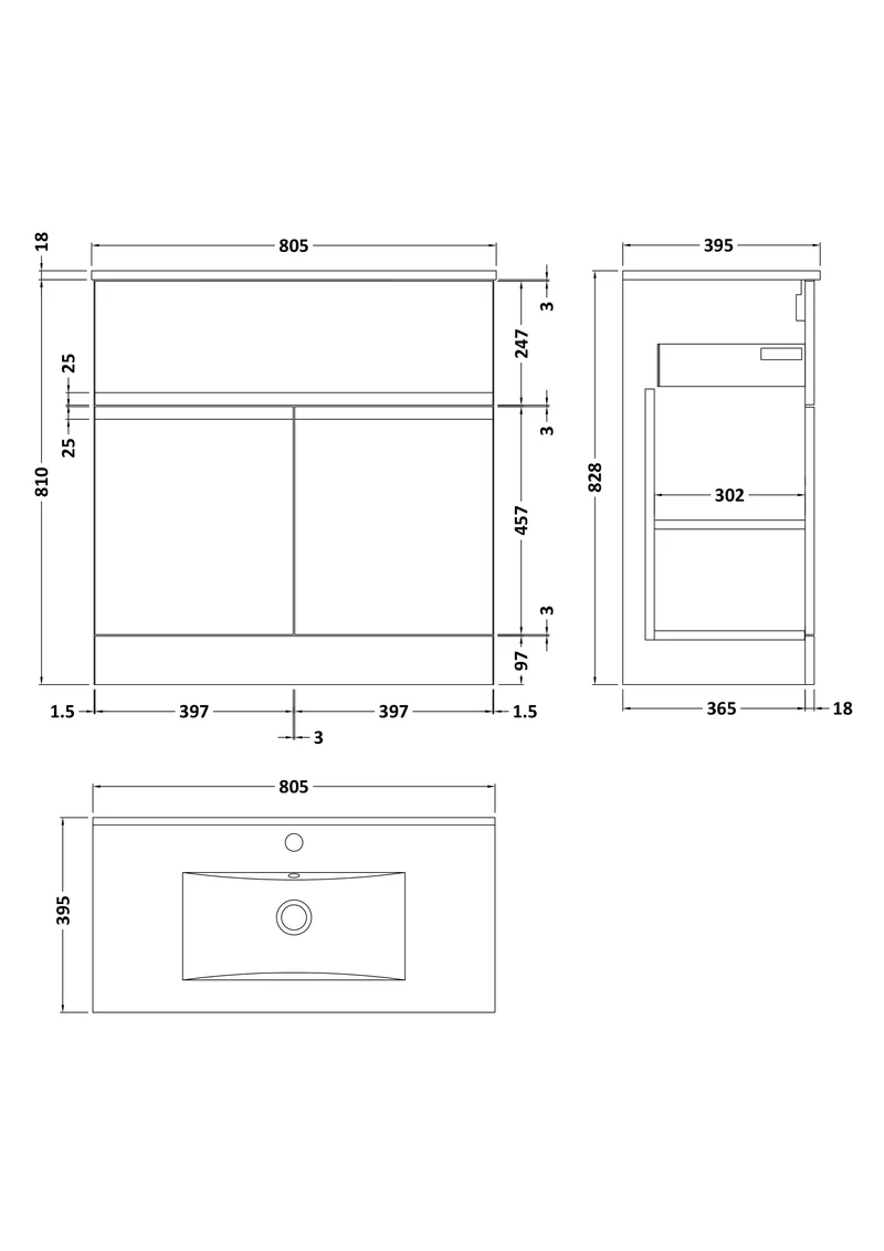 Urban 800mm Floor Standing 2 Door & 1 Drawer Vanity Unit & Minimalist Ceramic Basin - Soft Black Satin