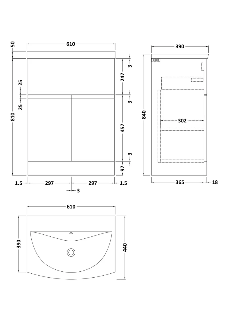 Urban 600mm Floor Standing 2 Door & 1 Drawer Vanity Unit & Curved Ceramic Basin - Soft Black Satin