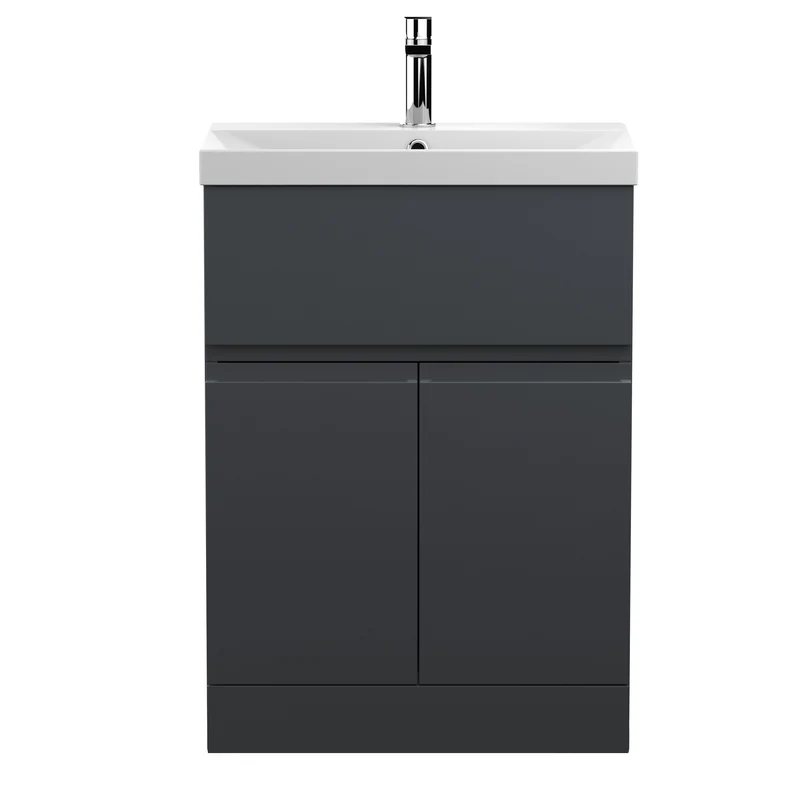Urban 600mm Floor Standing 2 Door & 1 Drawer Vanity Unit & Thin Edge Ceramic Basin - Soft Black Satin