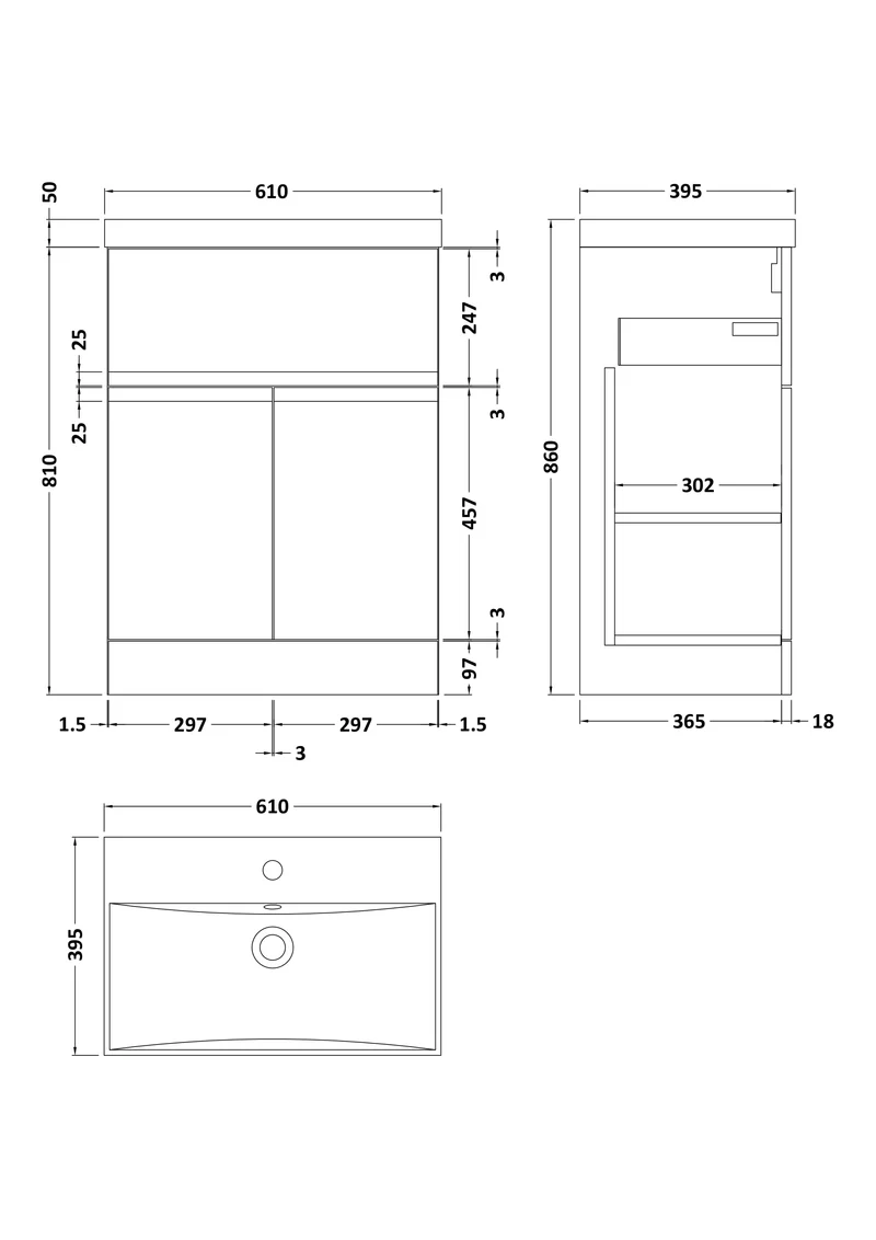 Urban 600mm Floor Standing 2 Door & 1 Drawer Vanity Unit & Thin Edge Ceramic Basin - Soft Black Satin