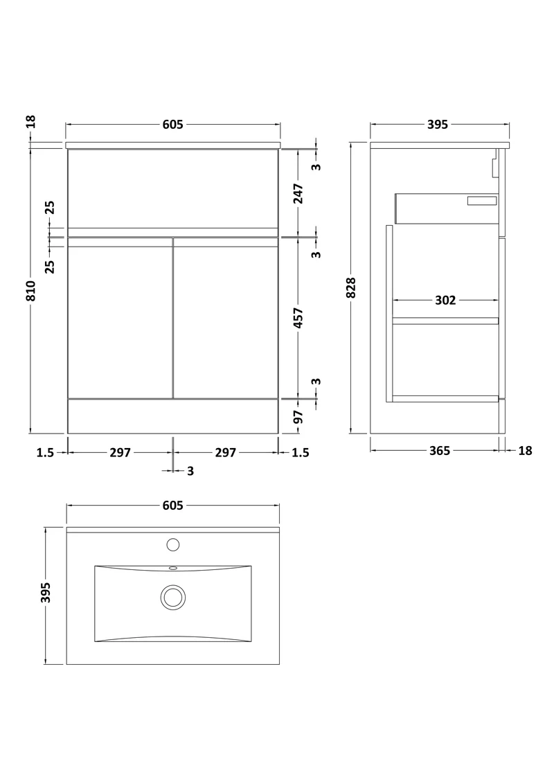 Urban 600mm Floor Standing 2 Door & 1 Drawer Vanity Unit & Minimalist Ceramic Basin - Soft Black Satin