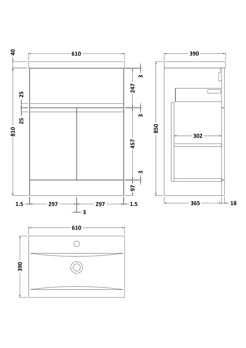Urban 600mm Floor Standing 2 Door & 1 Drawer Vanity Unit & Mid Edge Ceramic Basin - Soft Black Satin