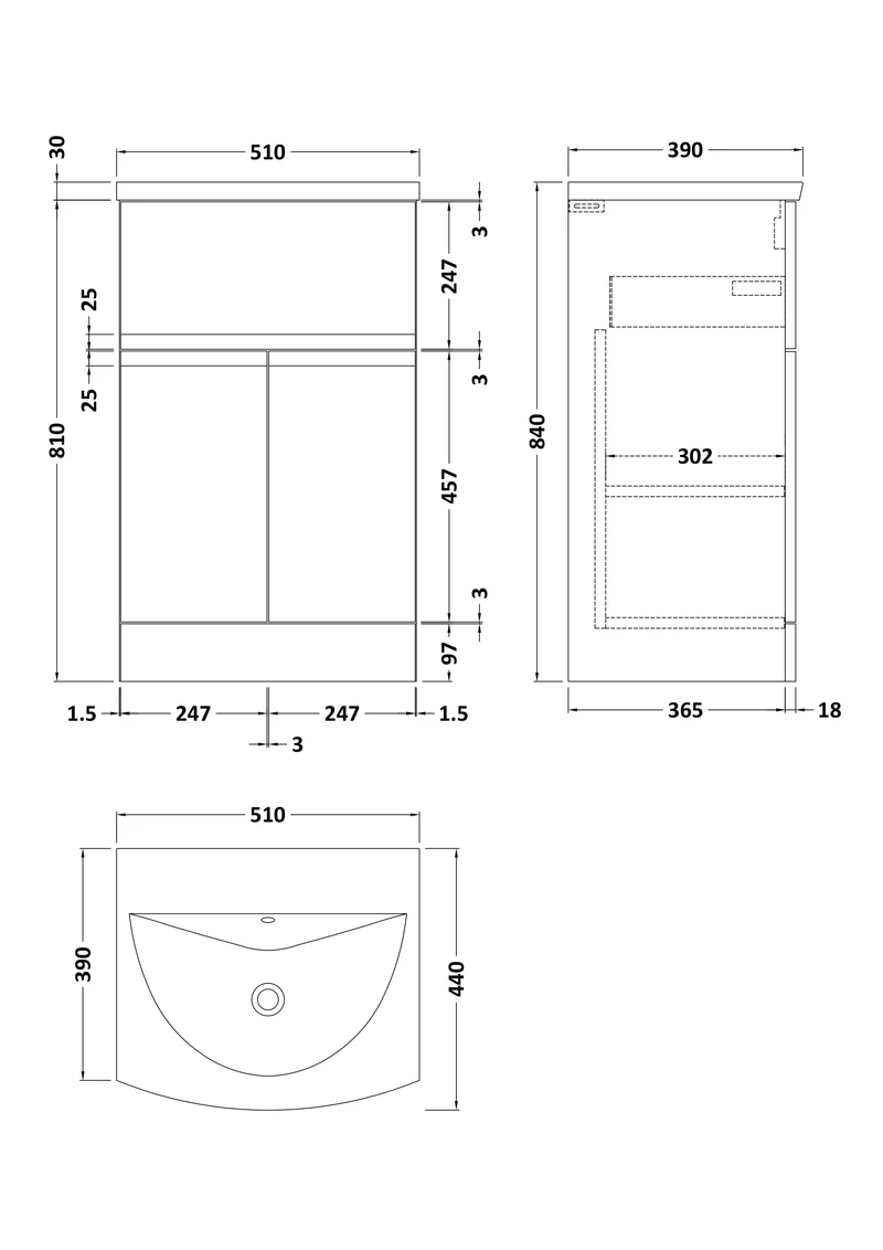 Urban 500mm Floor Standing 2 Door & 1 Drawer Vanity Unit & Curved Ceramic Basin - Soft Black Satin