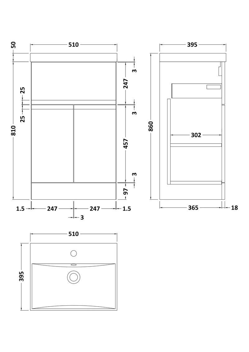 Urban 500mm Floor Standing 2 Door & 1 Drawer Vanity Unit & Thin Edge Ceramic Basin - Soft Black Satin