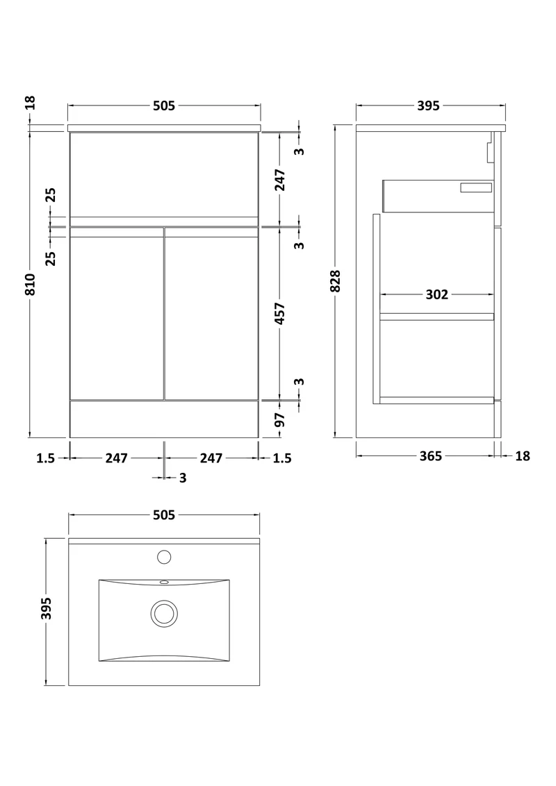 Urban 500mm Floor Standing 2 Door & 1 Drawer Vanity Unit & Minimalist Ceramic Basin - Soft Black Satin