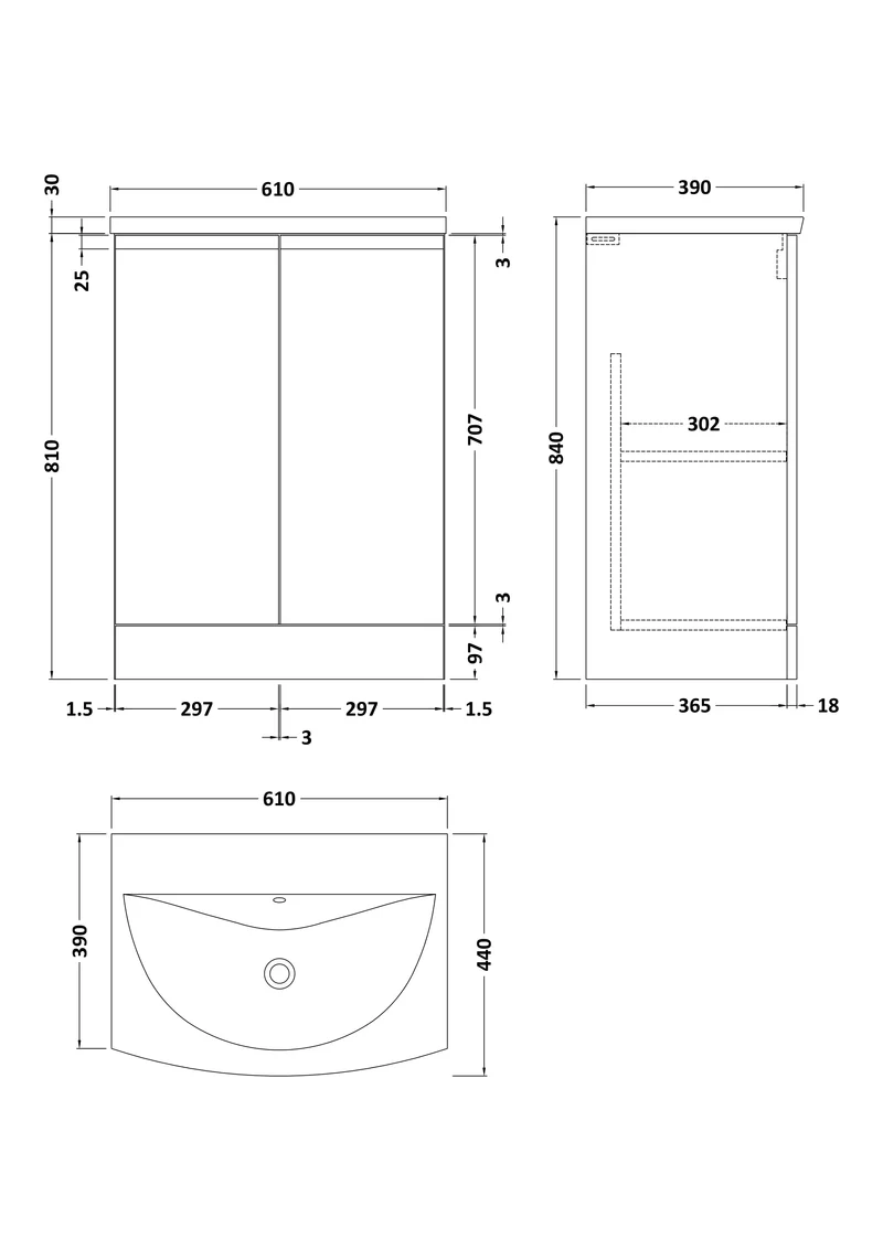 Urban 600mm Floor Standing 2 Door Vanity Unit & Curved Ceramic Basin - White Satin