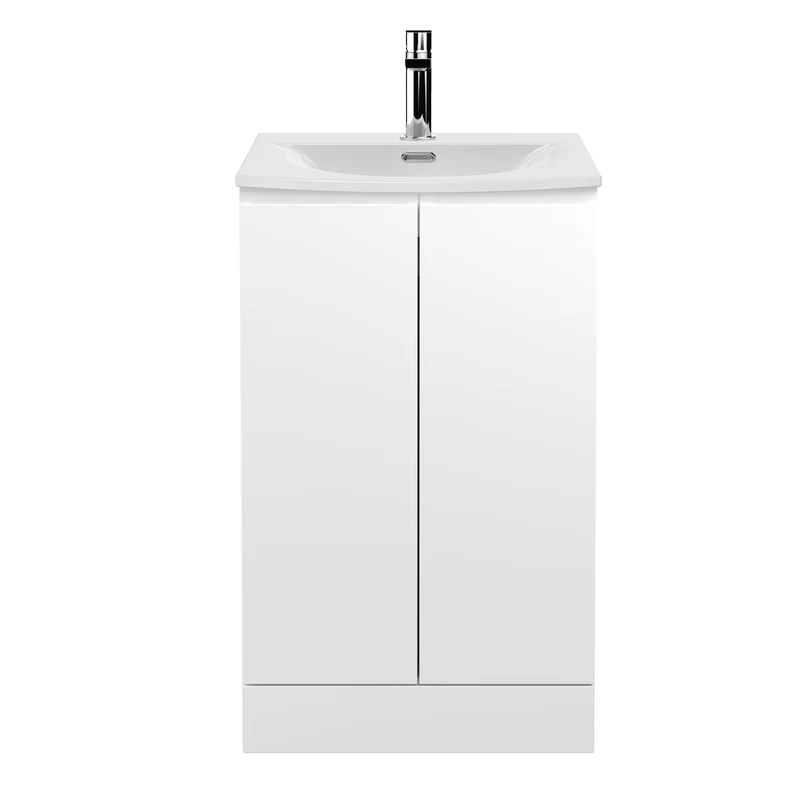 Urban 500mm Floor Standing 2 Door Vanity Unit & Curved Ceramic Basin - White Satin