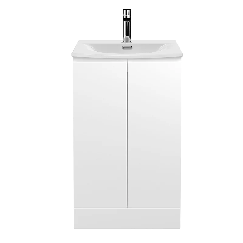 Urban 500mm Floor Standing 2 Door Vanity Unit & Curved Ceramic Basin - White Satin