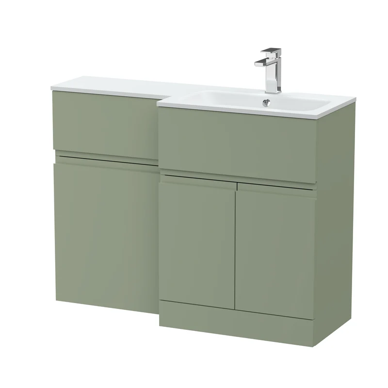 Urban 1100mm Basin & WC Combination Unit With 2 Doors, 1 Drawer & Right Hand White Stone Basin - Green Satin