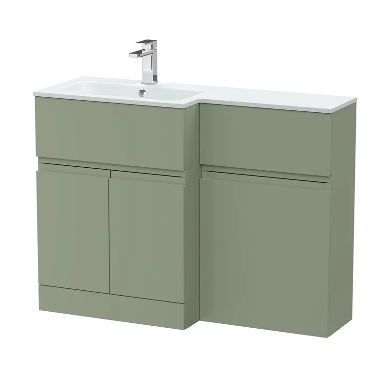 Urban 1100mm Basin & WC Combination Unit With 2 Doors, 1 Drawer & Left Hand White Stone Basin - Green Satin