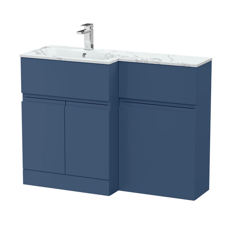 Urban 1100mm Basin & WC Combination Unit With 2 Doors, 1 Drawer & Left Hand Marble Stone Basin - Blue Satin