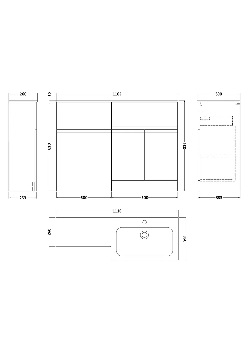 Urban 1100mm Basin & WC Combination Unit With 2 Doors, 1 Drawer & Right Hand Marble Stone Basin - Grey Satin
