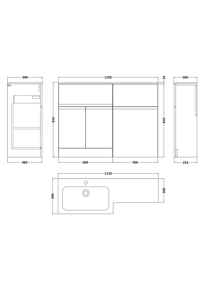 Urban 1100mm Basin & WC Combination Unit With 2 Doors, 1 Drawer & Left Hand Marble Stone Basin - Soft Black Satin