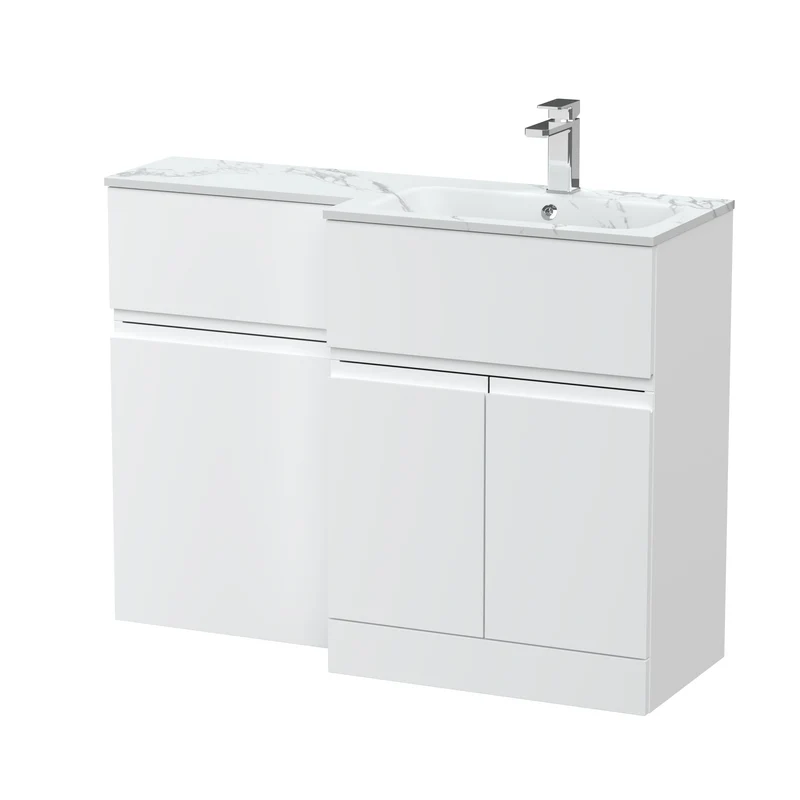 Urban 1100mm Basin & WC Combination Unit With 2 Doors, 1 Drawer & Right Hand Marble Stone Basin - White Satin