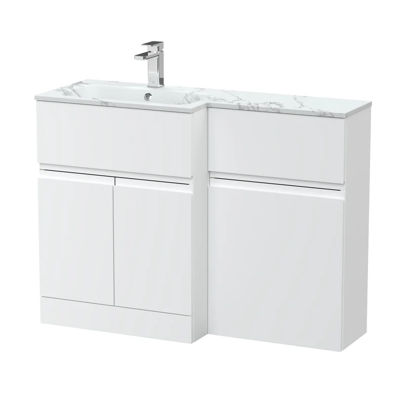 Urban 1100mm Basin & WC Combination Unit With 2 Doors, 1 Drawer & Left Hand Marble Stone Basin - White Satin