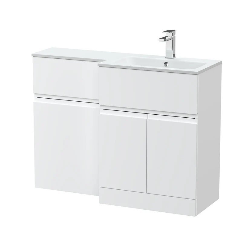 Urban 1100mm Basin & WC Combination Unit With 2 Doors, 1 Drawer & Right Hand White Stone Basin - White Satin