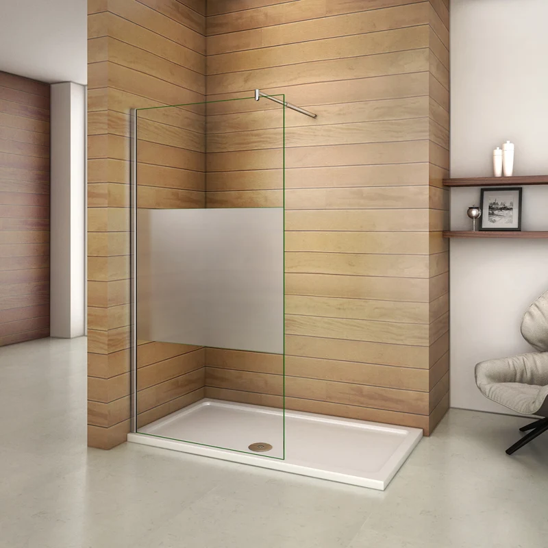 Aica walk in paroi de douche à l'italienne en verre 8mm bande central dépoli et une barre de satbislisation en cylindrique