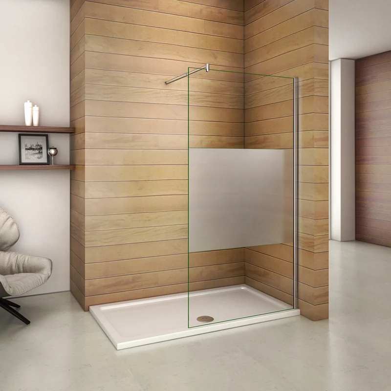 Aica walk in paroi de douche à l'italienne en verre 8mm bande central dépoli et une barre de satbislisation en cylindrique