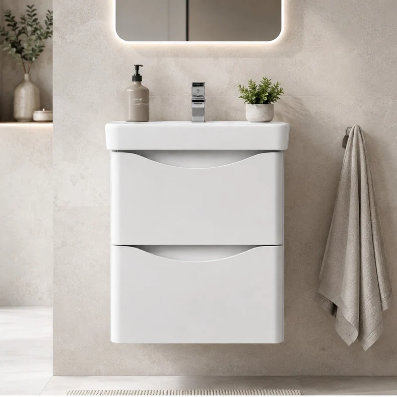 Happi 500mm 2 Drawer Wall Hung Vanity Unit - Matt White inc Basin