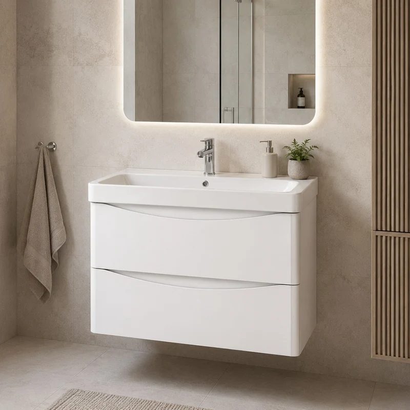 Happi 800mm 2 Drawer Wall Hung Vanity Unit - Matt White inc Basin