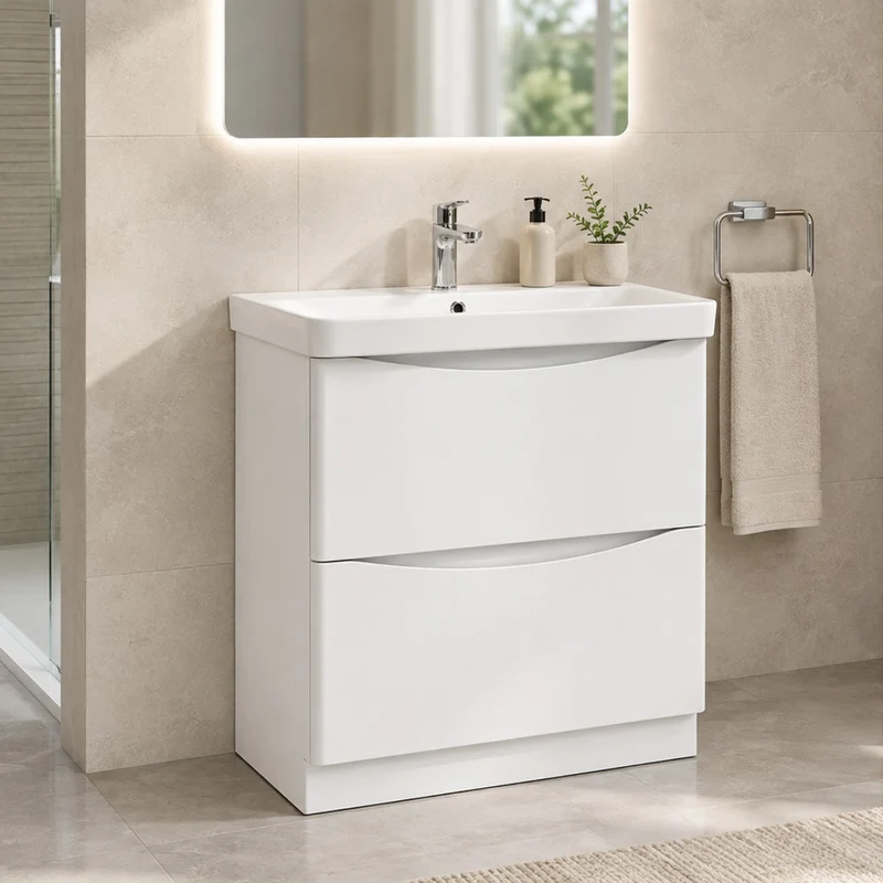 Happi 800mm 2 Drawer Floor Standing Vanity Unit - Matt White inc Basin
