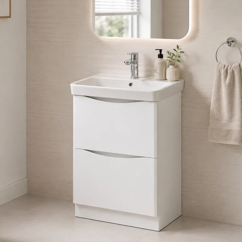 Happi 500mm 2 Drawer Floor Standing Vanity Unit - Matt White inc Basin