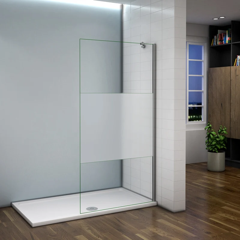 Aica paroi de douche en verre sécurité et bande central dépoli, walk in paroi de douche à l'italienne avec barre de fixation 45cm