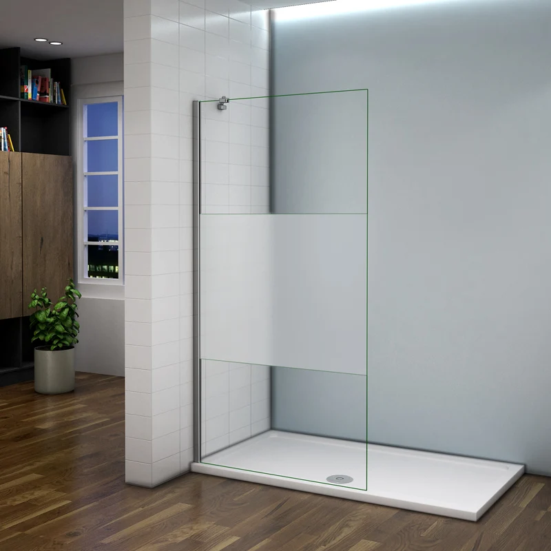 Aica paroi de douche en verre sécurité et bande central dépoli, walk in paroi de douche à l'italienne avec barre de fixation 45cm