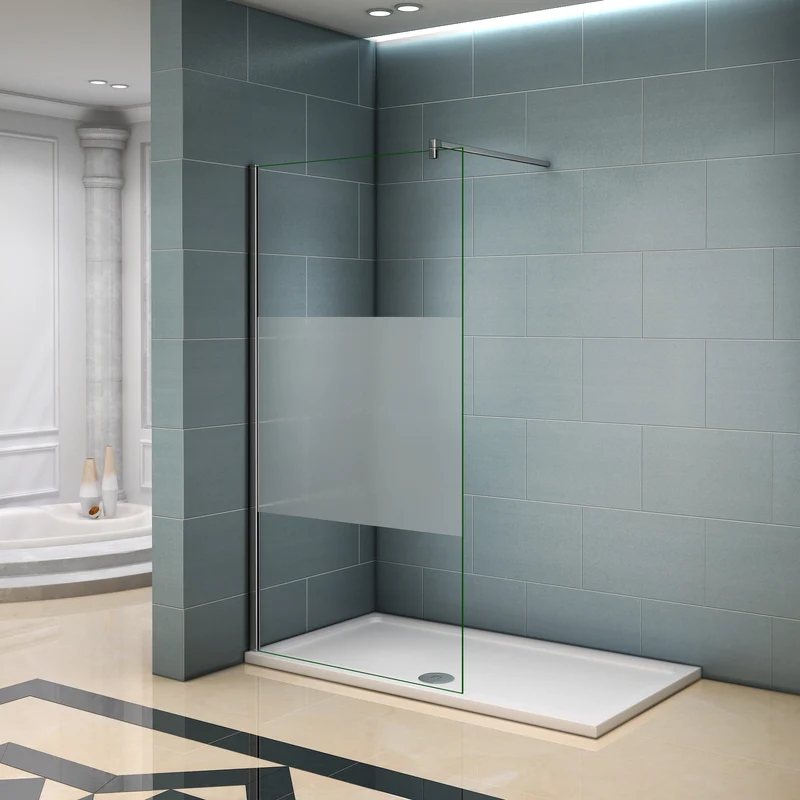 Aica walk in paroi de douche à l'italienne en verre 8mm bande central dépoli, avec barre de satbislisation de 90cm