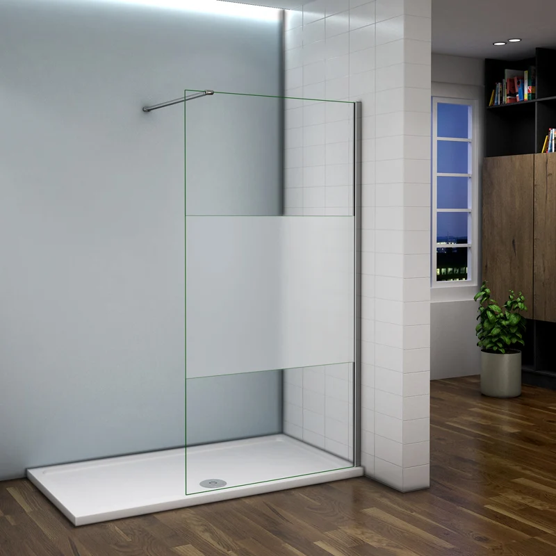 Aica walk in paroi de douche à l'italienne en verre 8mm bande central dépoli et une barre de satbislisation de 140cm