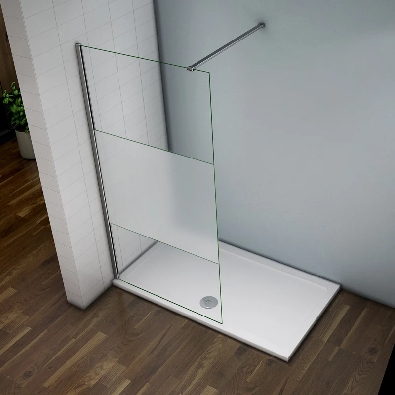 Aica walk in paroi de douche à l'italienne en verre 8mm bande central dépoli et une barre de satbislisation de 140cm