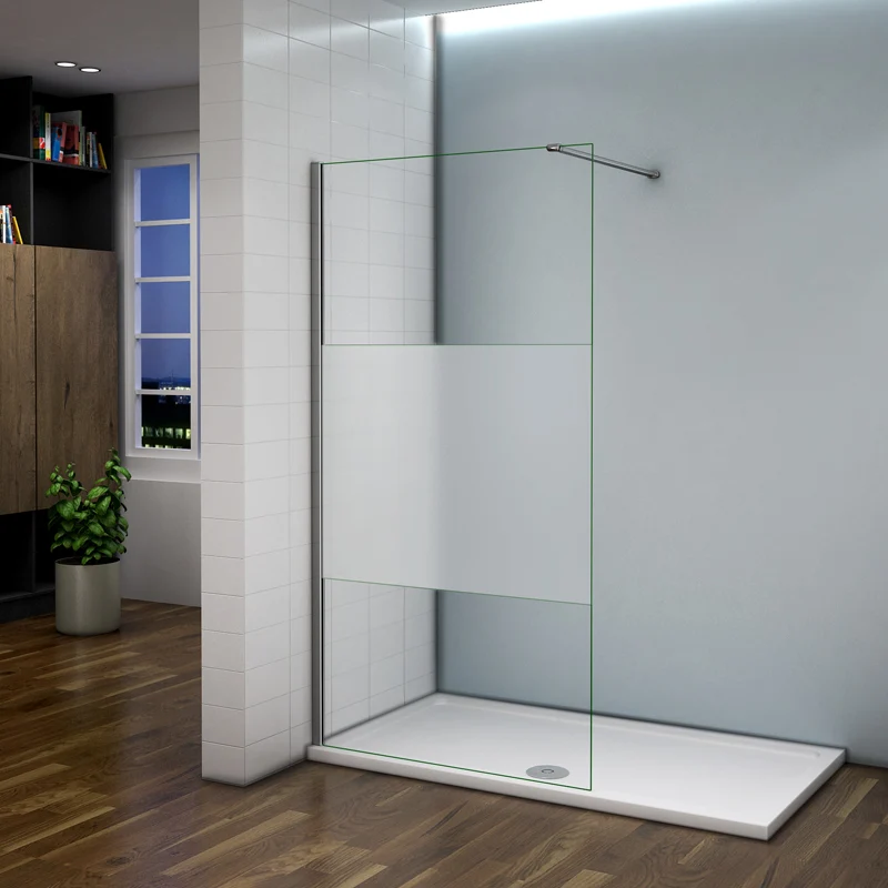 Aica walk in paroi de douche à l'italienne en verre 8mm bande central dépoli et une barre de satbislisation de 90cm