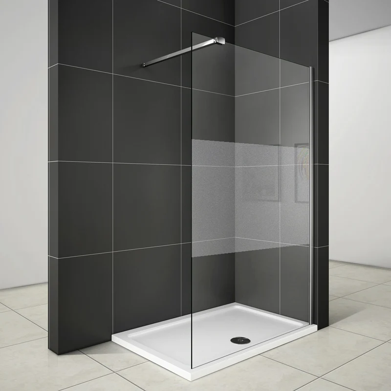 Aica walk in paroi de douche à l'italienne en verre 8mm bande central dépoli et une barre de satbislisation avec pince renforcé