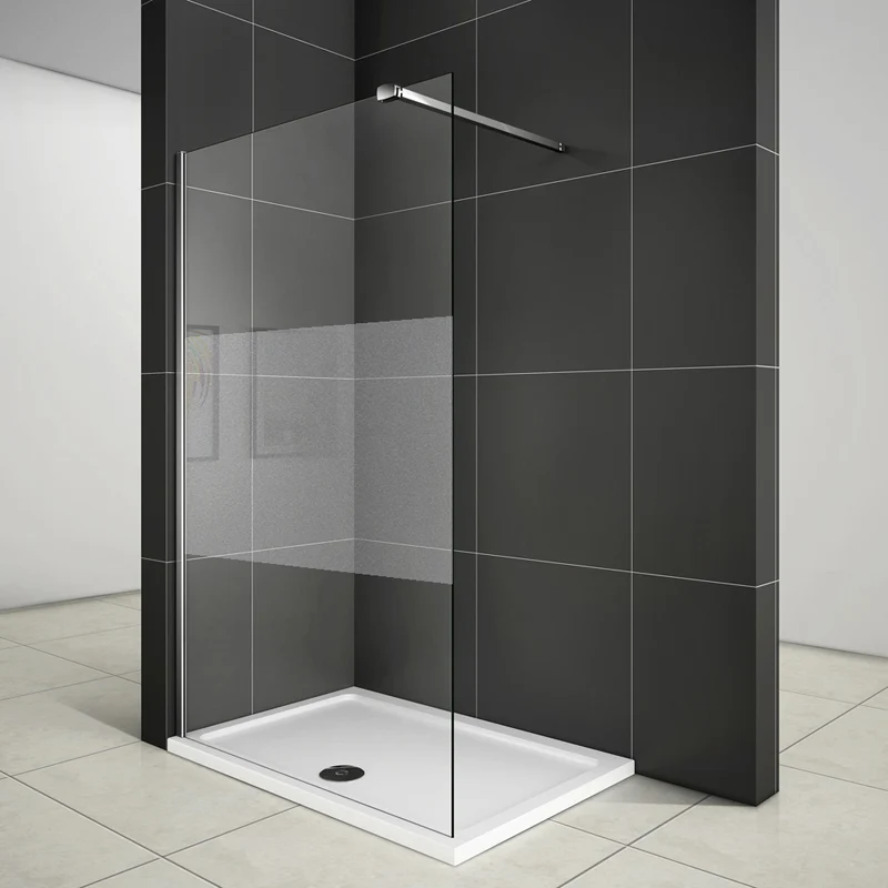 Aica walk in paroi de douche à l'italienne en verre 8mm bande central dépoli et une barre de satbislisation avec pince renforcé