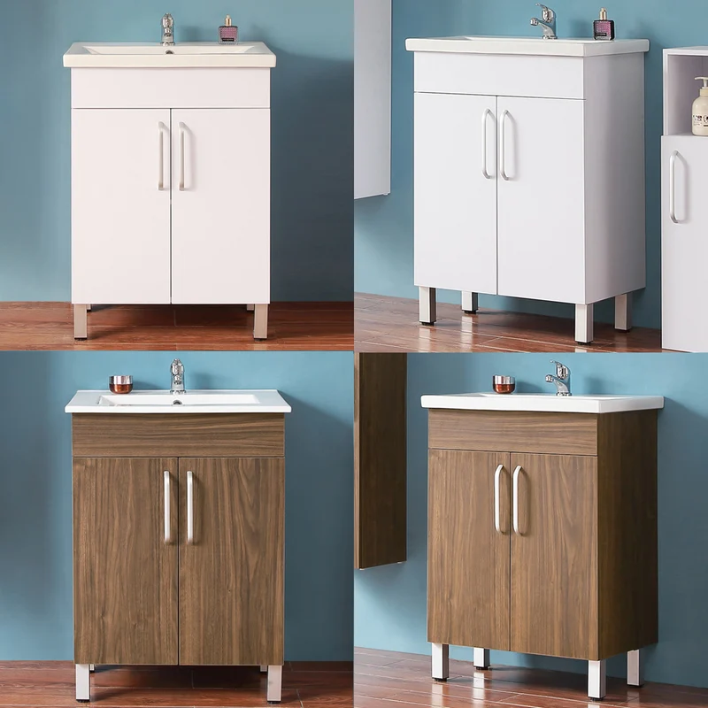 Meuble de salle de bain, Meuble sous vasque sur pieds 2 portes et vasque céramique, Blanc/Chêne 58cm