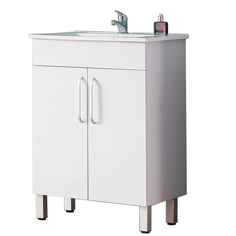 Meuble de salle de bain, Meuble sous vasque sur pieds 2 portes et vasque céramique, Blanc/Chêne 58cm