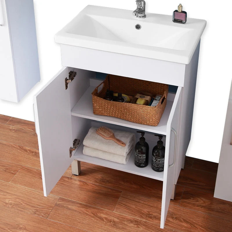 Meuble de salle de bain, Meuble sous vasque sur pieds 2 portes et vasque céramique, Blanc/Chêne 58cm