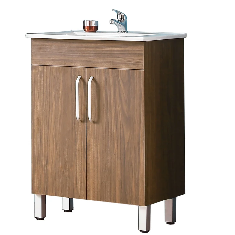 Meuble de salle de bain, Meuble sous vasque sur pieds 2 portes et vasque céramique, Blanc/Chêne 58cm
