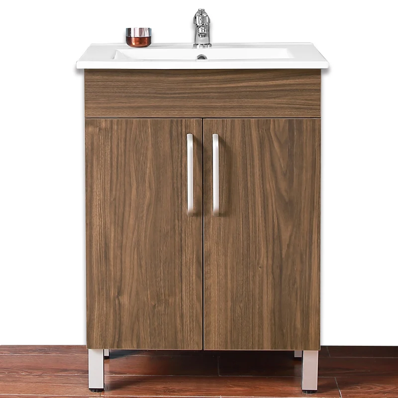 Meuble de salle de bain, Meuble sous vasque sur pieds 2 portes et vasque céramique, Blanc/Chêne 58cm