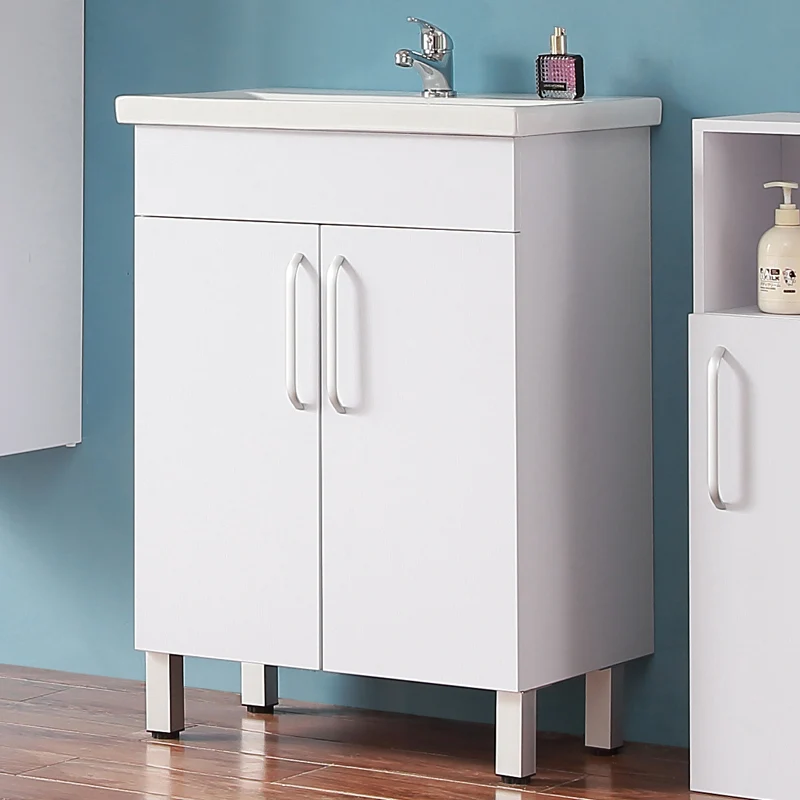 Meuble de salle de bain, Meuble sous vasque sur pieds 2 portes et vasque céramique, Blanc/Chêne 58cm