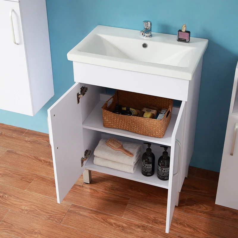 Meuble de salle de bain, Meuble sous vasque sur pieds 2 portes et vasque céramique, Blanc/Chêne 58cm