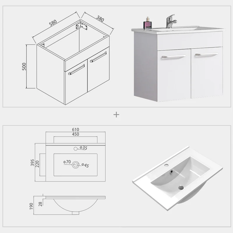 Meuble de salle de bain, Meuble de rangement avec lavabo, Meuble sous vasque suspendu, modèle Anlo double ou coeur bleu, 58 cm