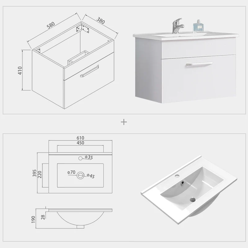 Meuble de salle de bain Meuble sous vasque suspendu 1 tiroir 58 cm+Vasque