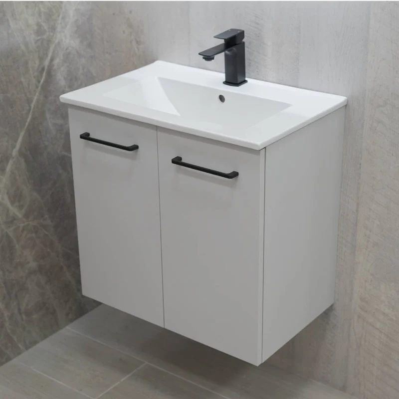 Linea 600mm Wall Hung Matt Grey Vanity Unit - Black Bundle