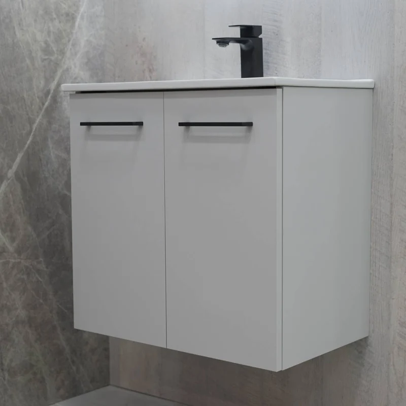 Linea 600mm Wall Hung Matt Grey Vanity Unit - Black Bundle