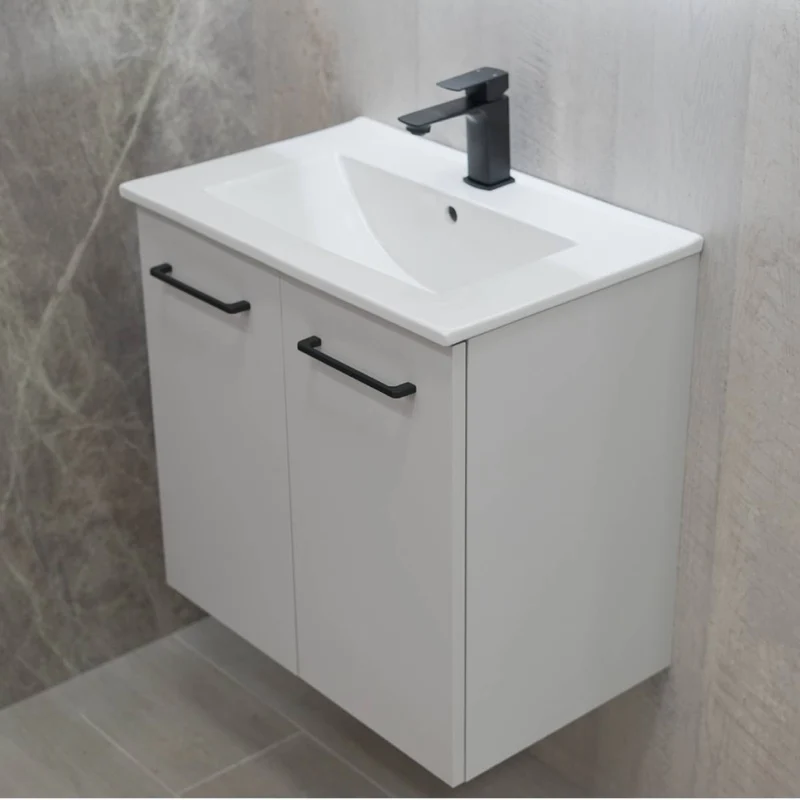 Linea 600mm Wall Hung Matt Grey Vanity Unit - Black Bundle