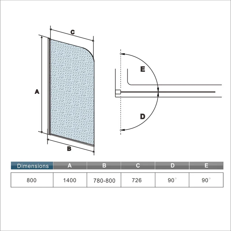 800x1400x5mm pare baignoire pivotant 180° porte de baignoire, verre anticalcaire et dépolie