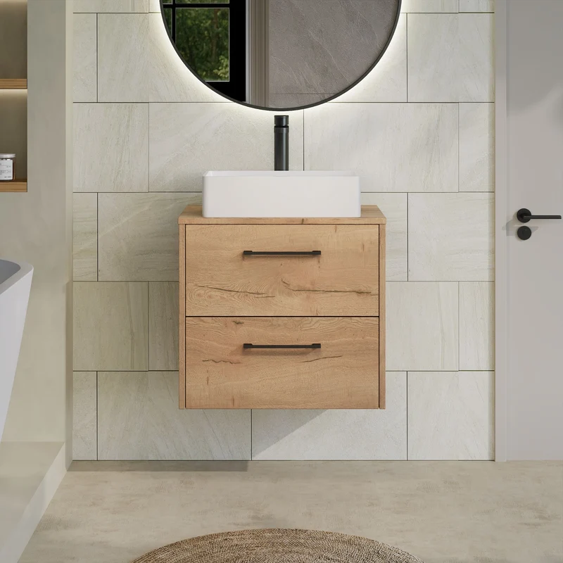Juno 600mm Wall Hung 2 Drawer Vanity Unit & Worktop - Autumn Oak Woodgrain