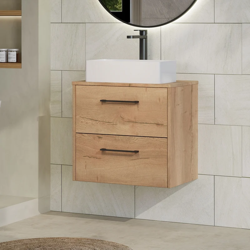 Juno 600mm Wall Hung 2 Drawer Vanity Unit & Worktop - Autumn Oak Woodgrain