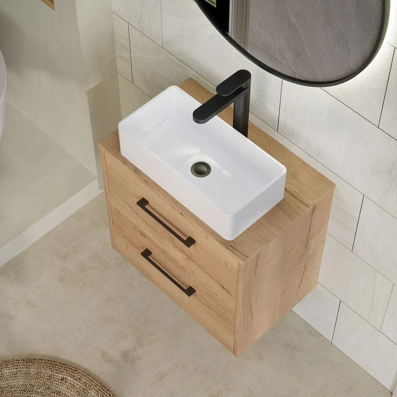 Juno 600mm Wall Hung 2 Drawer Vanity Unit & Worktop - Autumn Oak Woodgrain